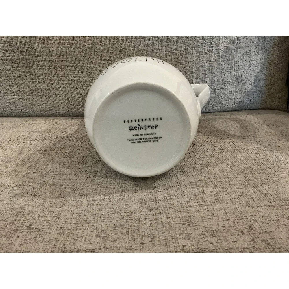 Pottery Barn Reindeer Rudolph Ceramic Christmas Pitcher White Silver Rim 9